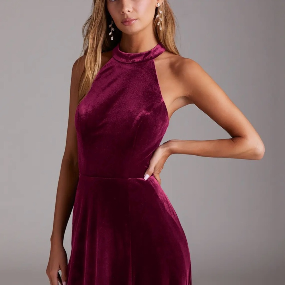 Elegant Burgundy Halter Maxi Dress - Picture 4 of 7
